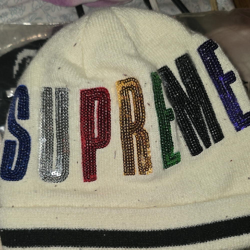 Supreme Cream Beanie with Colorful Logo